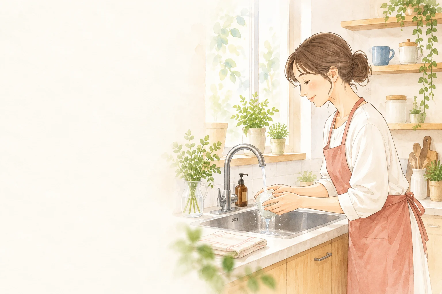 明るいキッチンで洗い物をする女性の水彩イラスト
