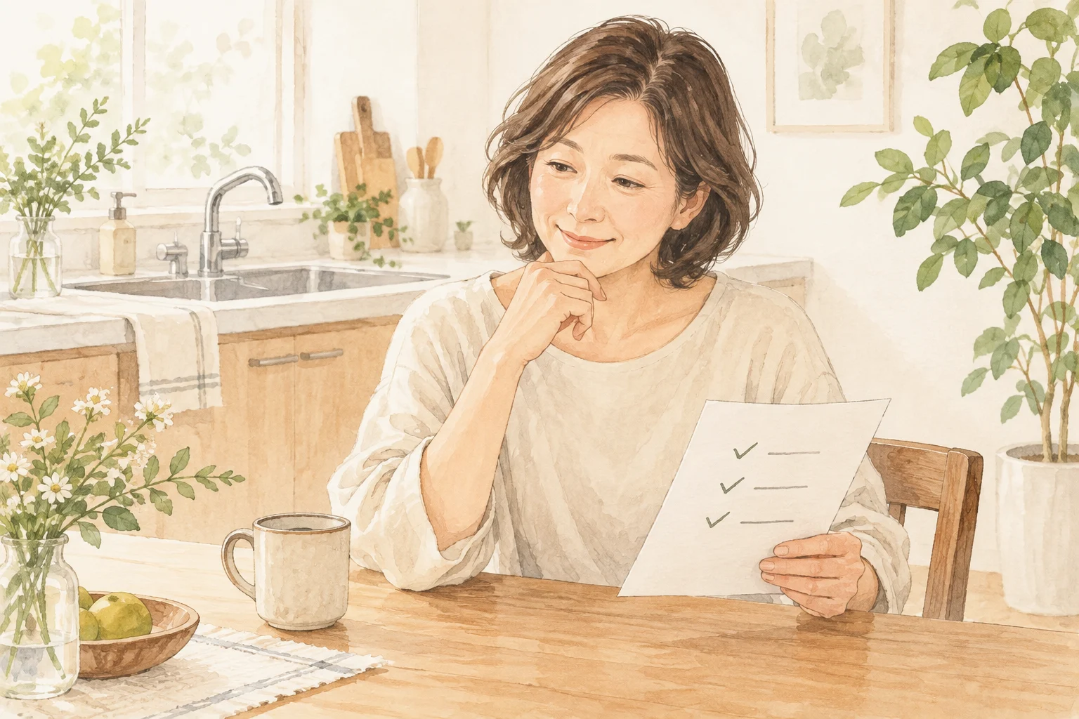 キッチンで確認事項を見直す女性のイラスト
